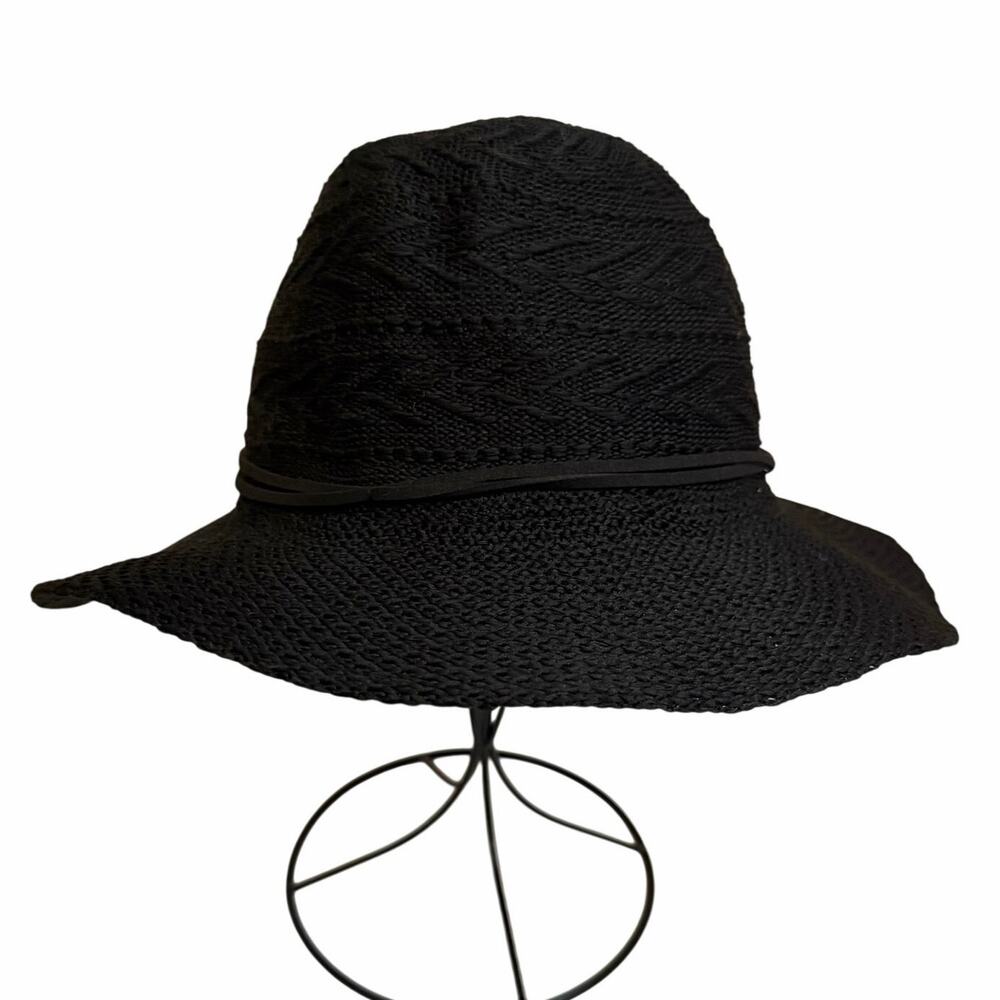 Kendall & Kylie Knit Sun Hat Black Wide Brim Straw Style Beach Boho Summer OS